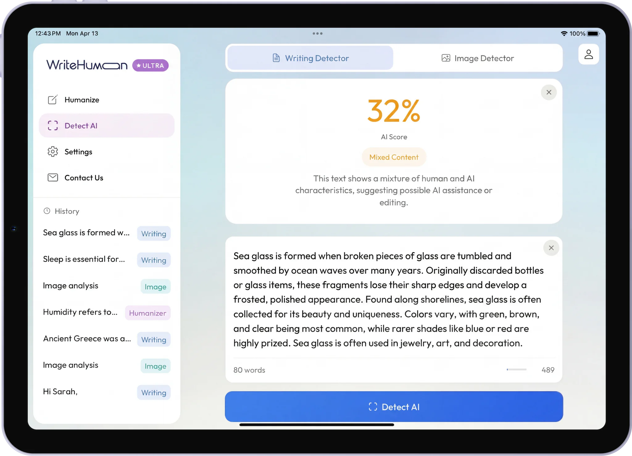 WriteHuman app on iPad showing AI writing detection with a detailed analysis panel