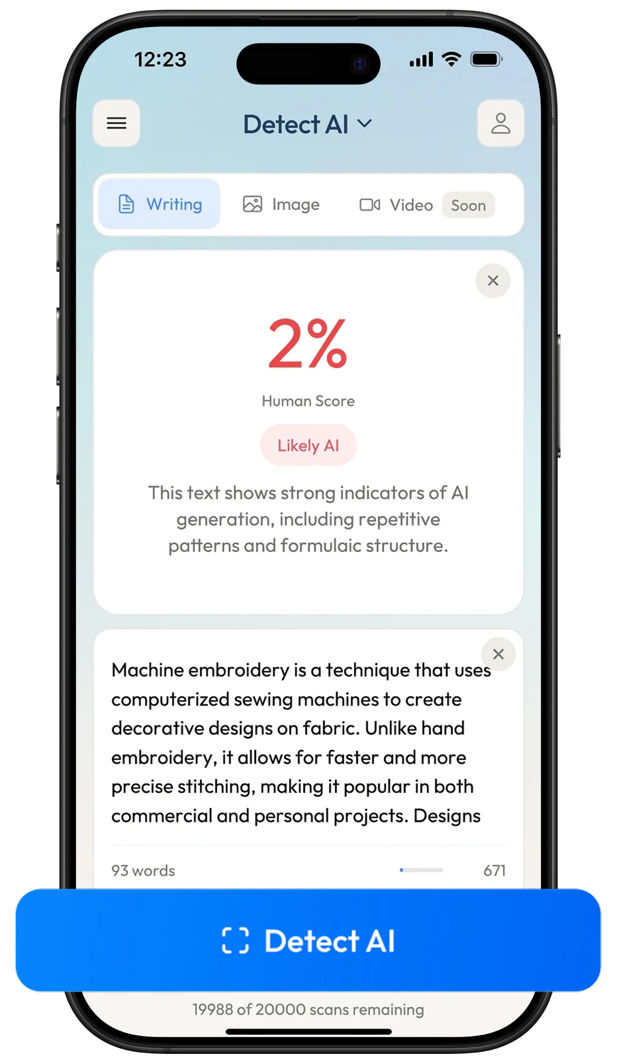 WriteHuman app on iPhone showing AI writing detection with a human/AI confidence score